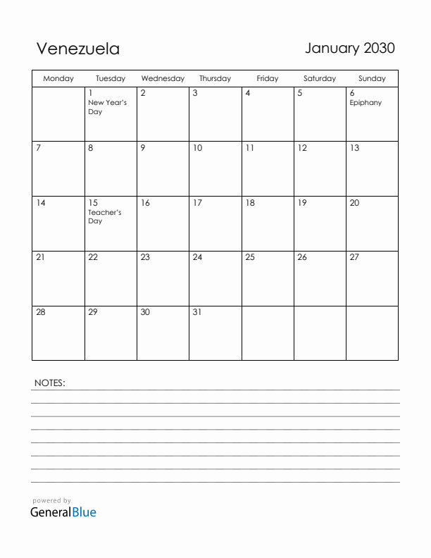 January 2030 Venezuela Calendar with Holidays (Monday Start)