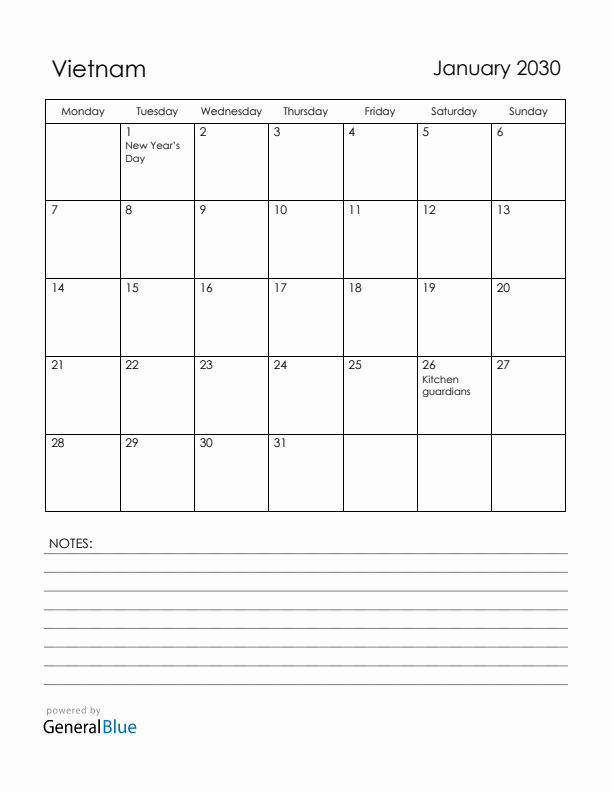 January 2030 Vietnam Calendar with Holidays (Monday Start)