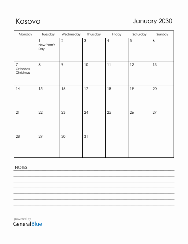 January 2030 Kosovo Calendar with Holidays (Monday Start)