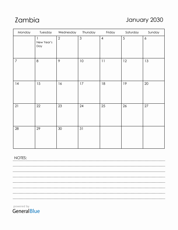 January 2030 Zambia Calendar with Holidays (Monday Start)