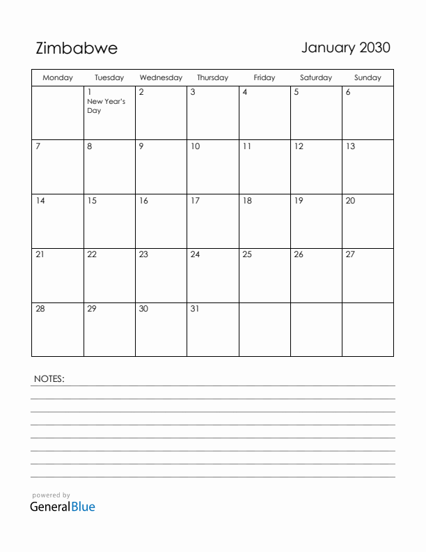 January 2030 Zimbabwe Calendar with Holidays (Monday Start)