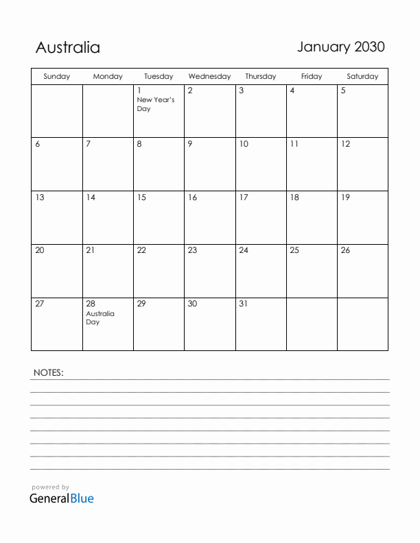 January 2030 Australia Calendar with Holidays (Sunday Start)