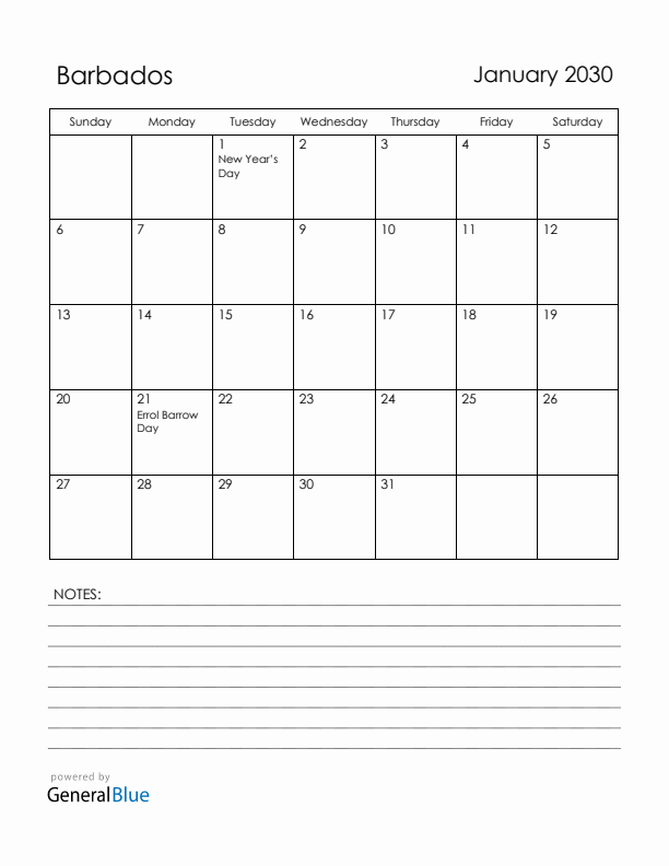 January 2030 Barbados Calendar with Holidays (Sunday Start)