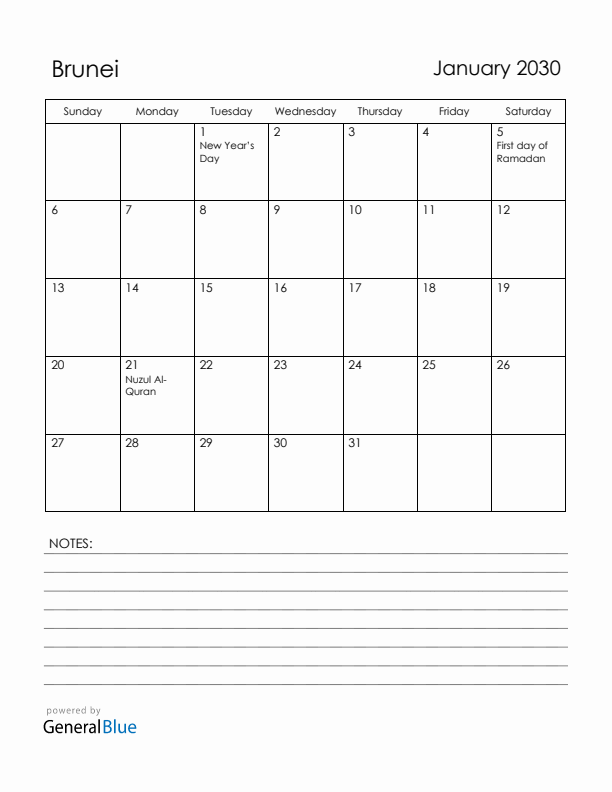 January 2030 Brunei Calendar with Holidays (Sunday Start)