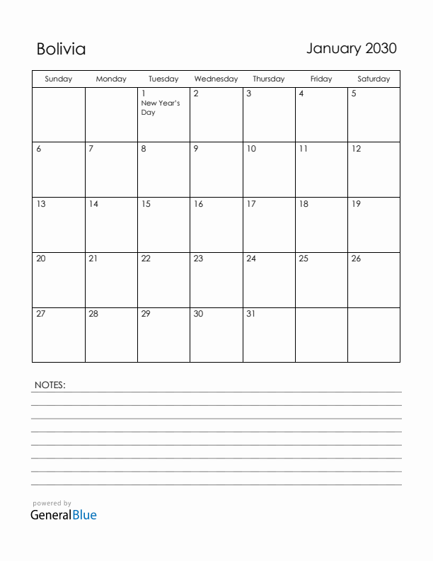 January 2030 Bolivia Calendar with Holidays (Sunday Start)
