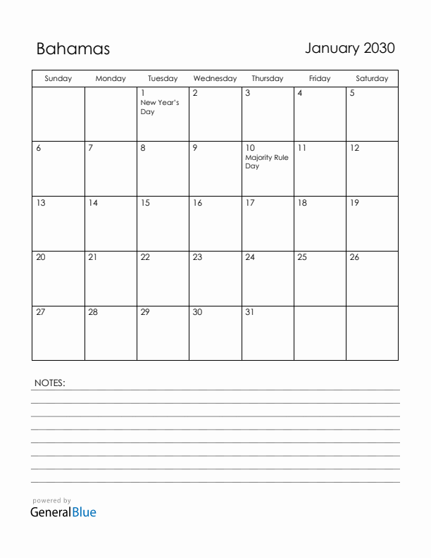 January 2030 Bahamas Calendar with Holidays (Sunday Start)