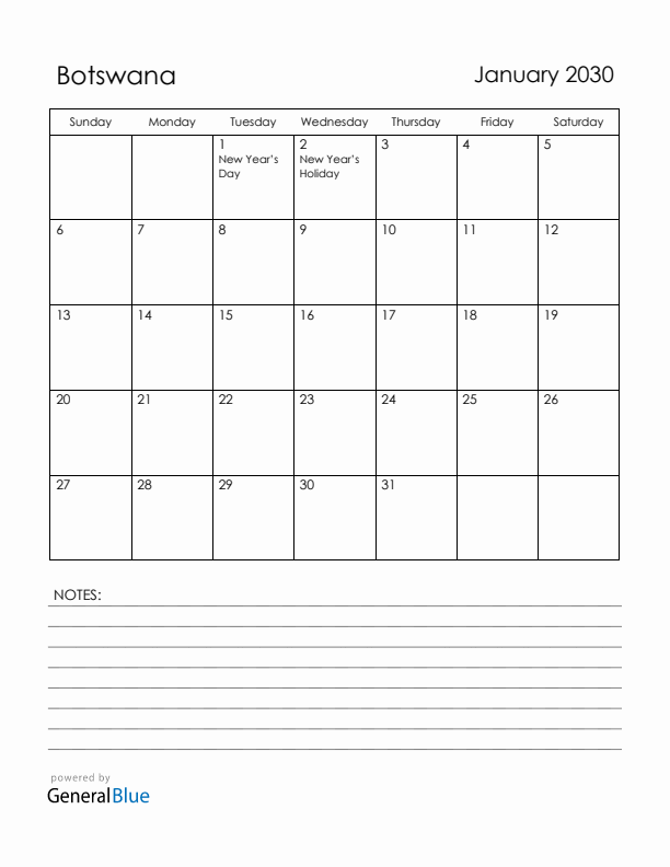 January 2030 Botswana Calendar with Holidays (Sunday Start)