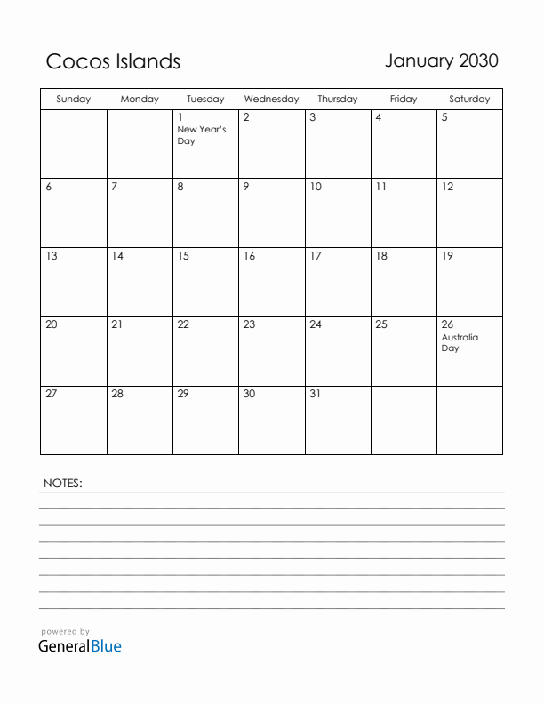 January 2030 Cocos Islands Calendar with Holidays (Sunday Start)