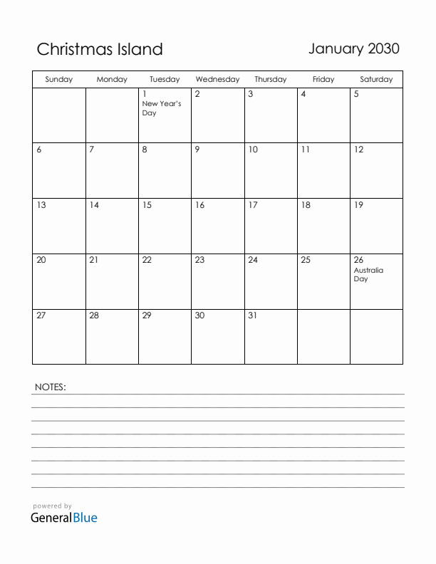 January 2030 Christmas Island Calendar with Holidays (Sunday Start)
