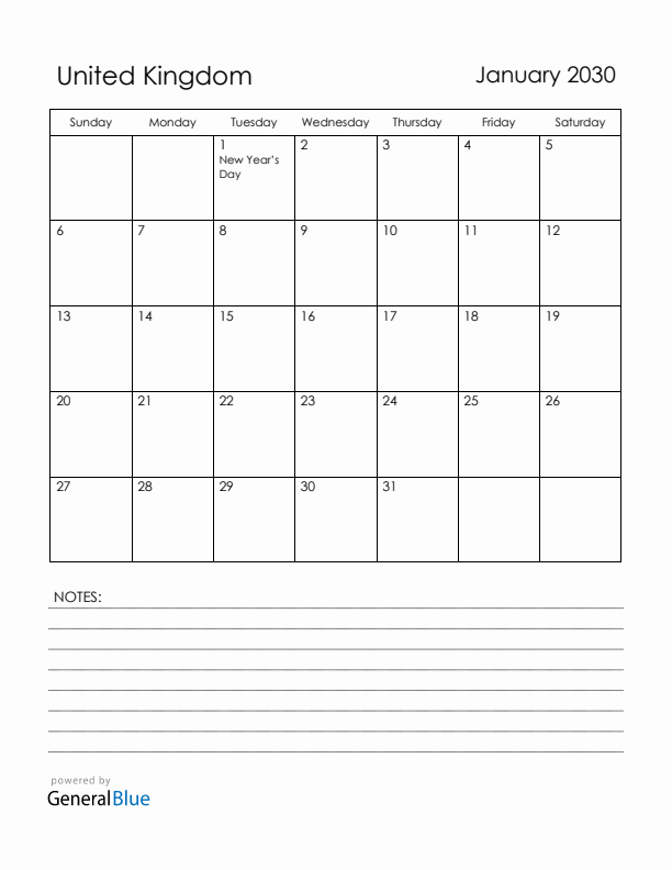 January 2030 United Kingdom Calendar with Holidays (Sunday Start)