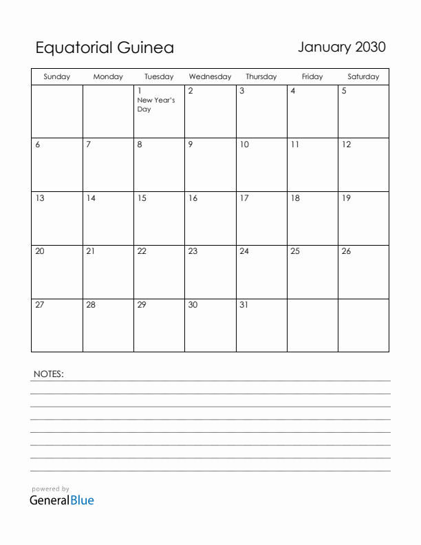 January 2030 Equatorial Guinea Calendar with Holidays (Sunday Start)