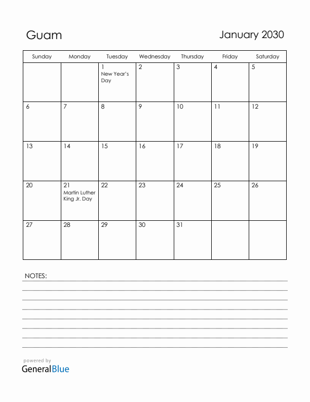 January 2030 Guam Calendar with Holidays (Sunday Start)