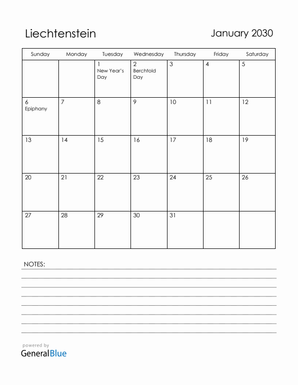 January 2030 Liechtenstein Calendar with Holidays (Sunday Start)