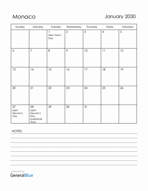 January 2030 Monaco Calendar with Holidays (Sunday Start)