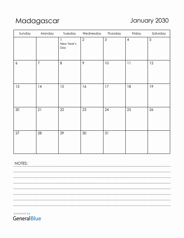 January 2030 Madagascar Calendar with Holidays (Sunday Start)