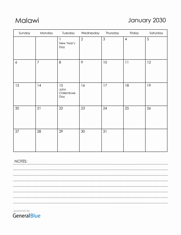 January 2030 Malawi Calendar with Holidays (Sunday Start)