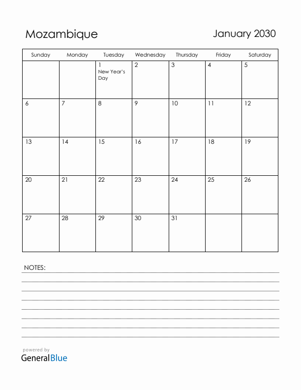 January 2030 Mozambique Calendar with Holidays (Sunday Start)
