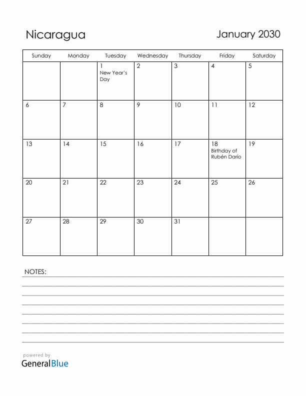 January 2030 Nicaragua Calendar with Holidays (Sunday Start)