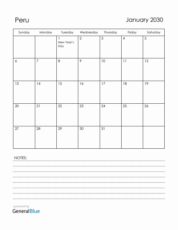 January 2030 Peru Calendar with Holidays (Sunday Start)