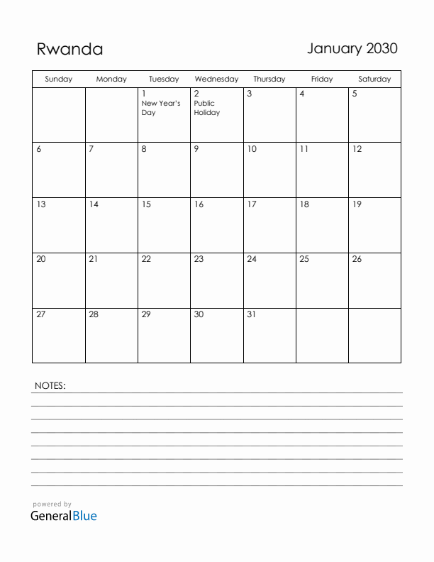 January 2030 Rwanda Calendar with Holidays (Sunday Start)