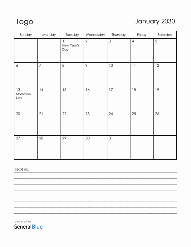 January 2030 Togo Calendar with Holidays (Sunday Start)