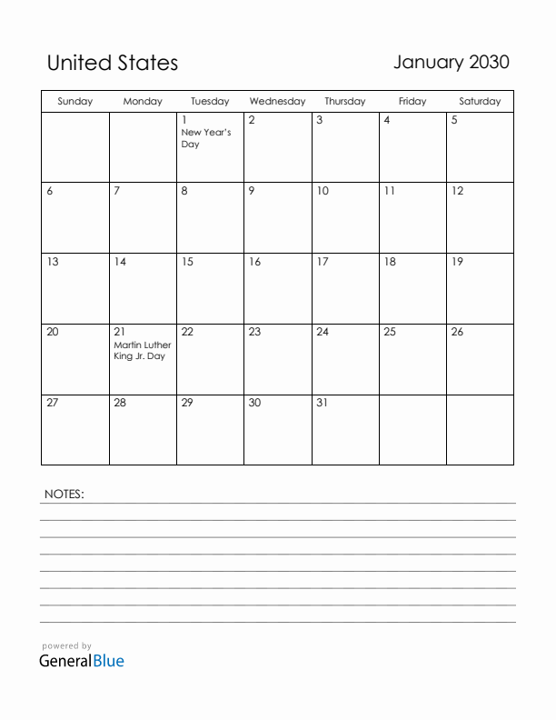 January 2030 United States Calendar with Holidays (Sunday Start)