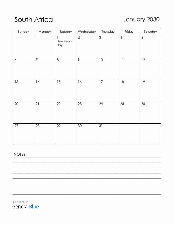 January 2030 South Africa Calendar with Holidays (Sunday Start)