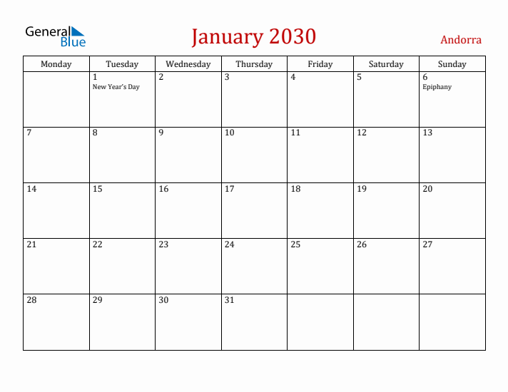 Andorra January 2030 Calendar - Monday Start