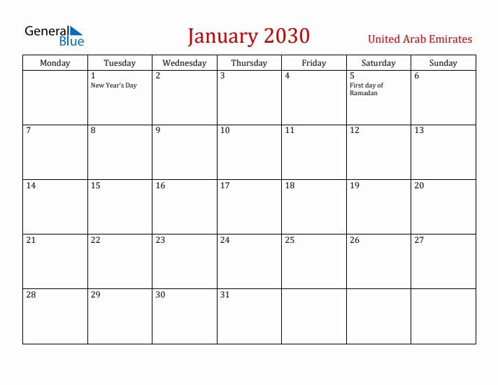 United Arab Emirates January 2030 Calendar - Monday Start