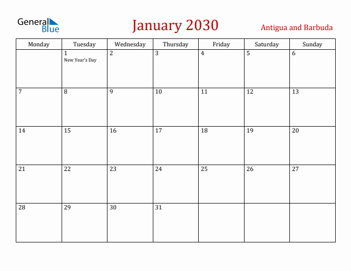 Antigua and Barbuda January 2030 Calendar - Monday Start
