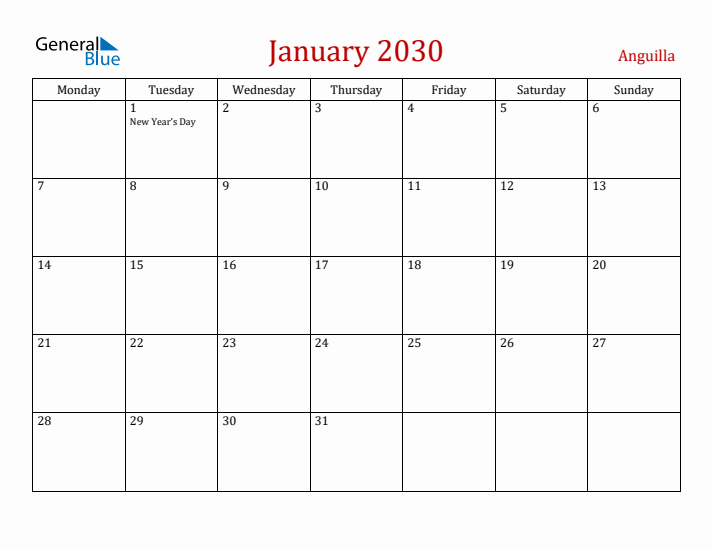 Anguilla January 2030 Calendar - Monday Start