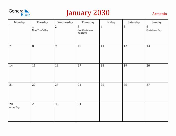 Armenia January 2030 Calendar - Monday Start