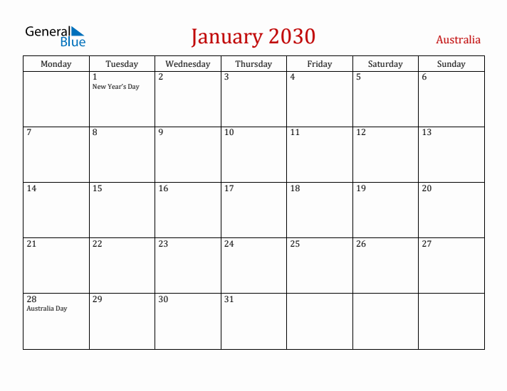 Australia January 2030 Calendar - Monday Start