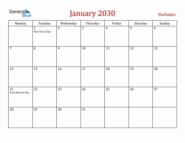 Barbados January 2030 Calendar - Monday Start