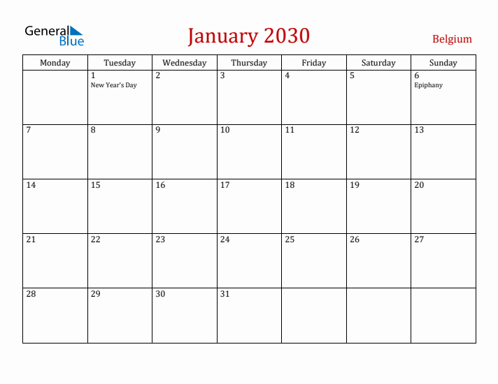 Belgium January 2030 Calendar - Monday Start