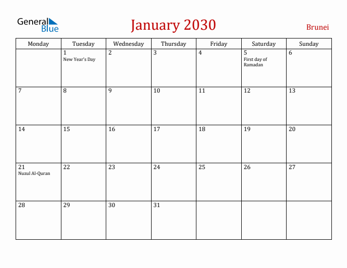 Brunei January 2030 Calendar - Monday Start
