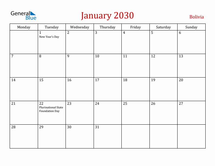 Bolivia January 2030 Calendar - Monday Start