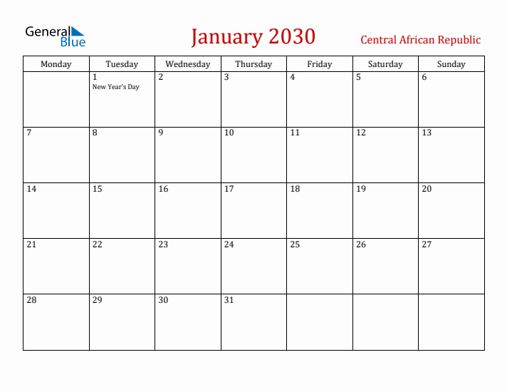 Central African Republic January 2030 Calendar - Monday Start