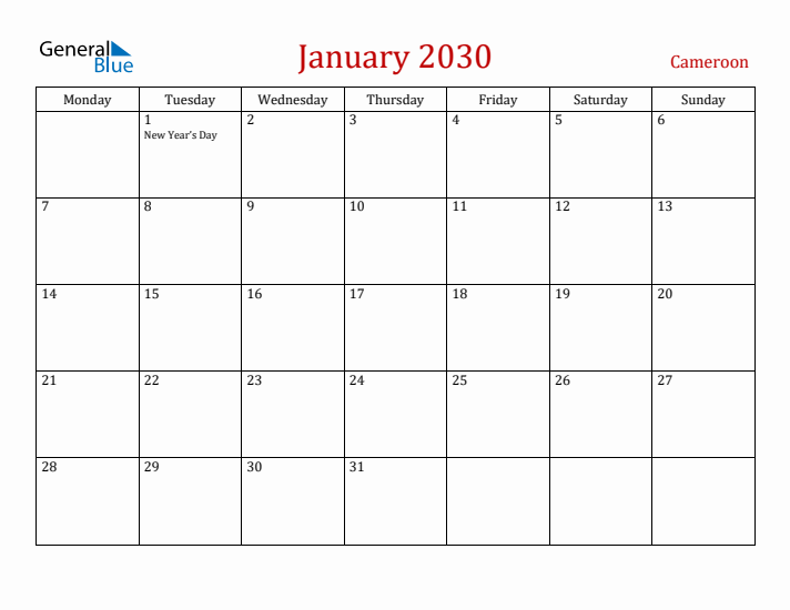 Cameroon January 2030 Calendar - Monday Start