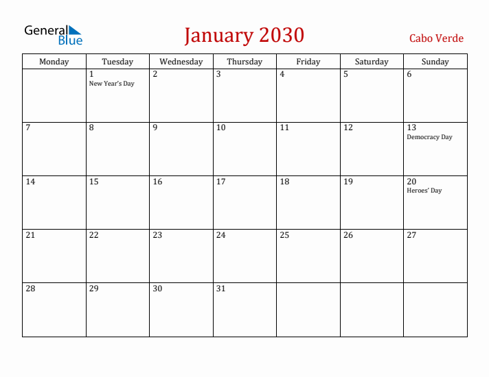 Cabo Verde January 2030 Calendar - Monday Start
