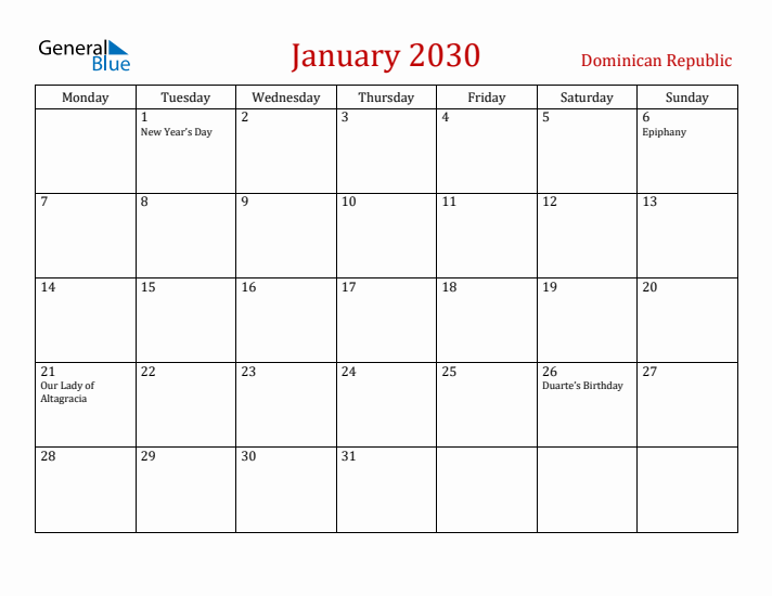 Dominican Republic January 2030 Calendar - Monday Start