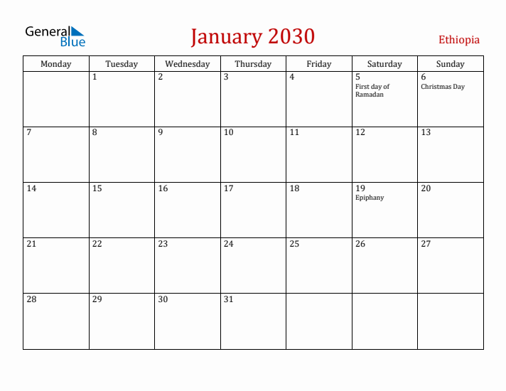 Ethiopia January 2030 Calendar - Monday Start