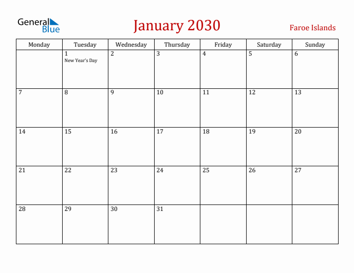 Faroe Islands January 2030 Calendar - Monday Start