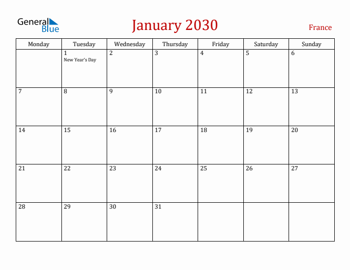 France January 2030 Calendar - Monday Start