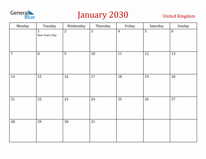 United Kingdom January 2030 Calendar - Monday Start