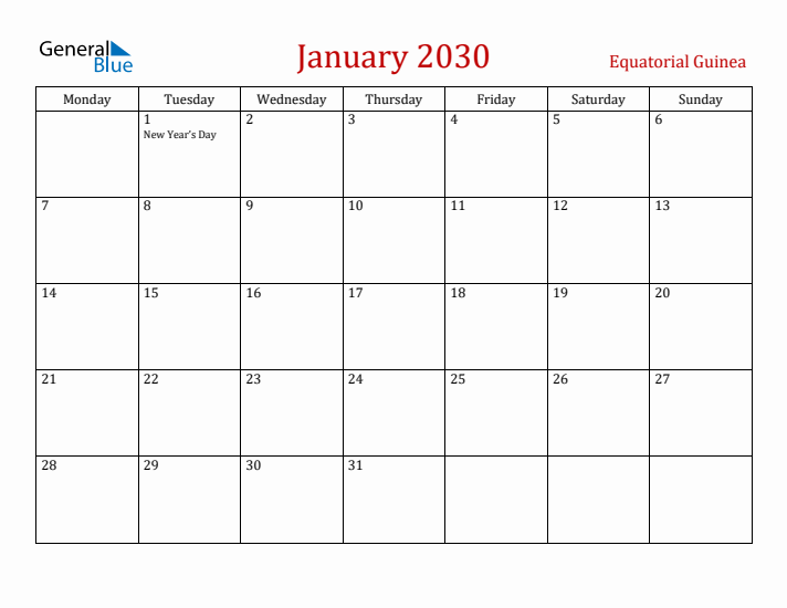Equatorial Guinea January 2030 Calendar - Monday Start