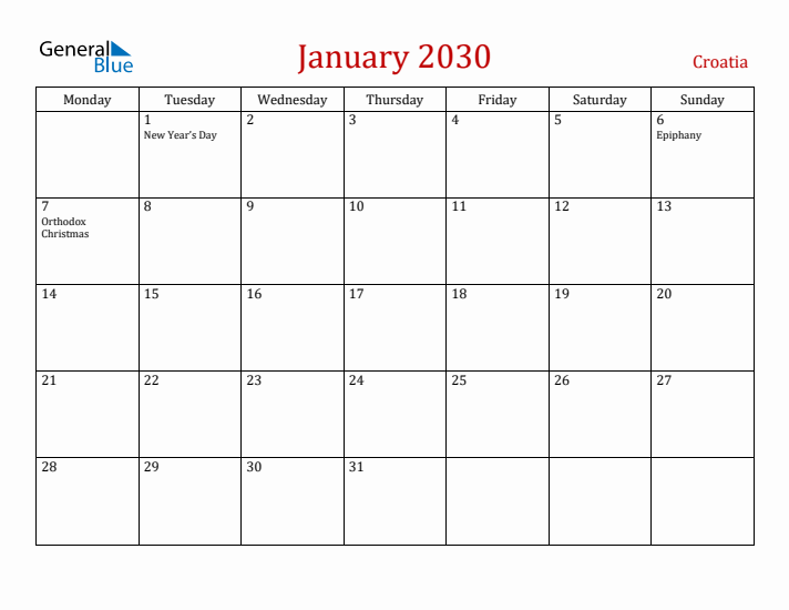 Croatia January 2030 Calendar - Monday Start