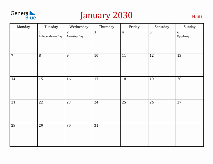 Haiti January 2030 Calendar - Monday Start