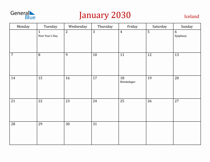 Iceland January 2030 Calendar - Monday Start