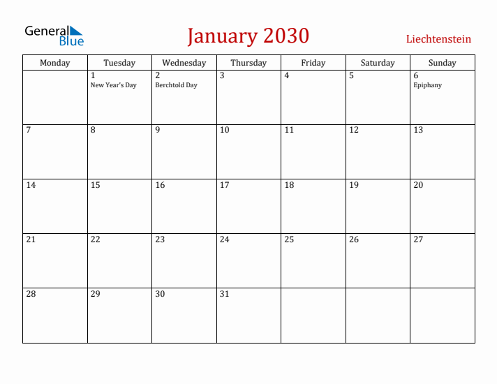 Liechtenstein January 2030 Calendar - Monday Start